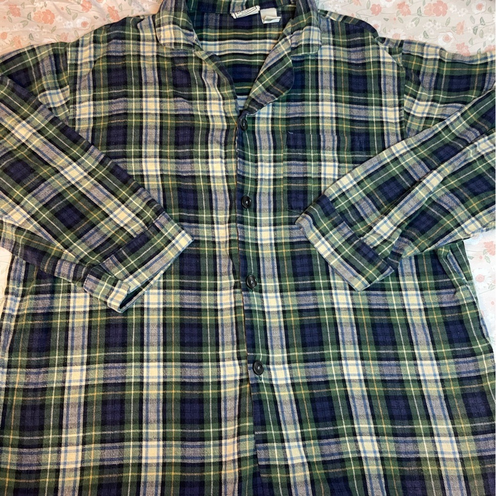 Vintage L.L. Bean Flannel Shirt Men's Size L Green Plaid Button‎ Up Long Sleeve